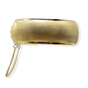 Pegasus Coro Striped Etched Gold Tone Hinged Wide Cuff Bangle Bracelet Mid Cent